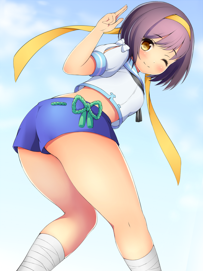 1girl, ;), ass, black_hair, female_focus, from_behind, gym_uniform, headband, one_eye_closed, oshiro_project:re, shiromisoaji, short_hair, shorts, smile, solo, tsuruga_(oshiro_project), yellow_eyes