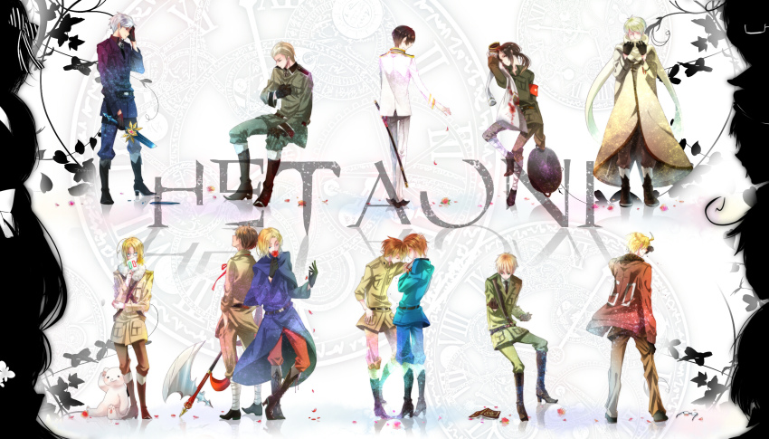 4girls, 6+boys, ahoge, albino, aqua_eyes, austria_(hetalia), axe, axis_powers_hetalia