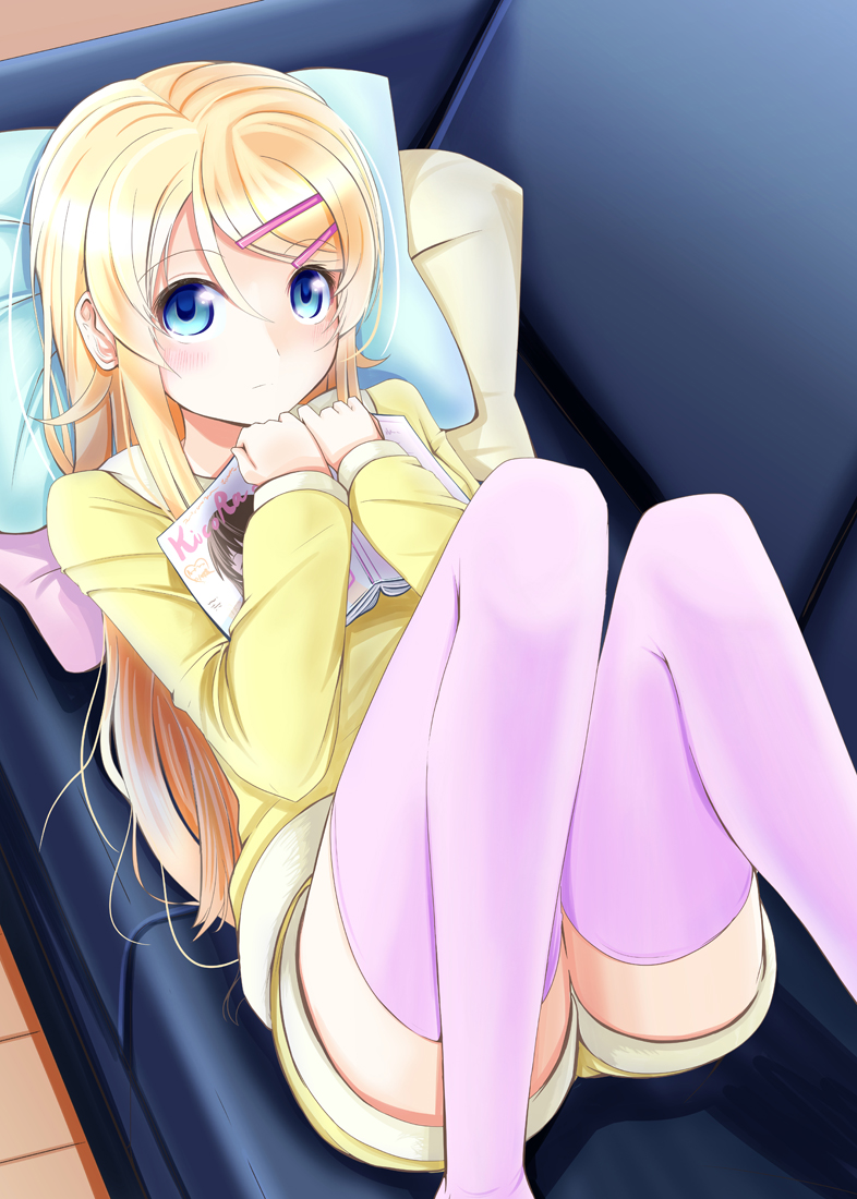 1girl, aoi_usagi_(marinebluerabbit), blonde_hair, blue_eyes, blush, book, female_focus, hair_ornament