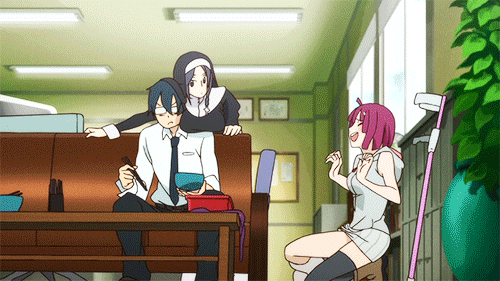 1boy, 2girls, animated, animated_gif, kishi_kyosuke, kishi_touka, lowres, multiple_girls