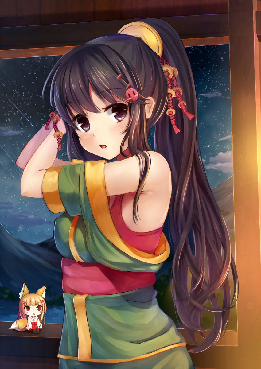 2girls, adjusting_hair, animal_ears, bare_shoulders, black_eyes, black_hair, blush, blush_stickers, fox_ears, fox_tail, hair_ornament, hairclip, highres, iwabitsu_(oshiro_collection), iwabitsu_(oshiro_project), japanese_clothes, kero_(tomoki-tiger), kimono, long_hair, looking_at_viewer, mini_person, minigirl, multiple_girls, night, oshiro_project:re, ponytail, senko_(oshiro_collection), senko_(oshiro_project), sky, star_(sky), starry_sky, tail