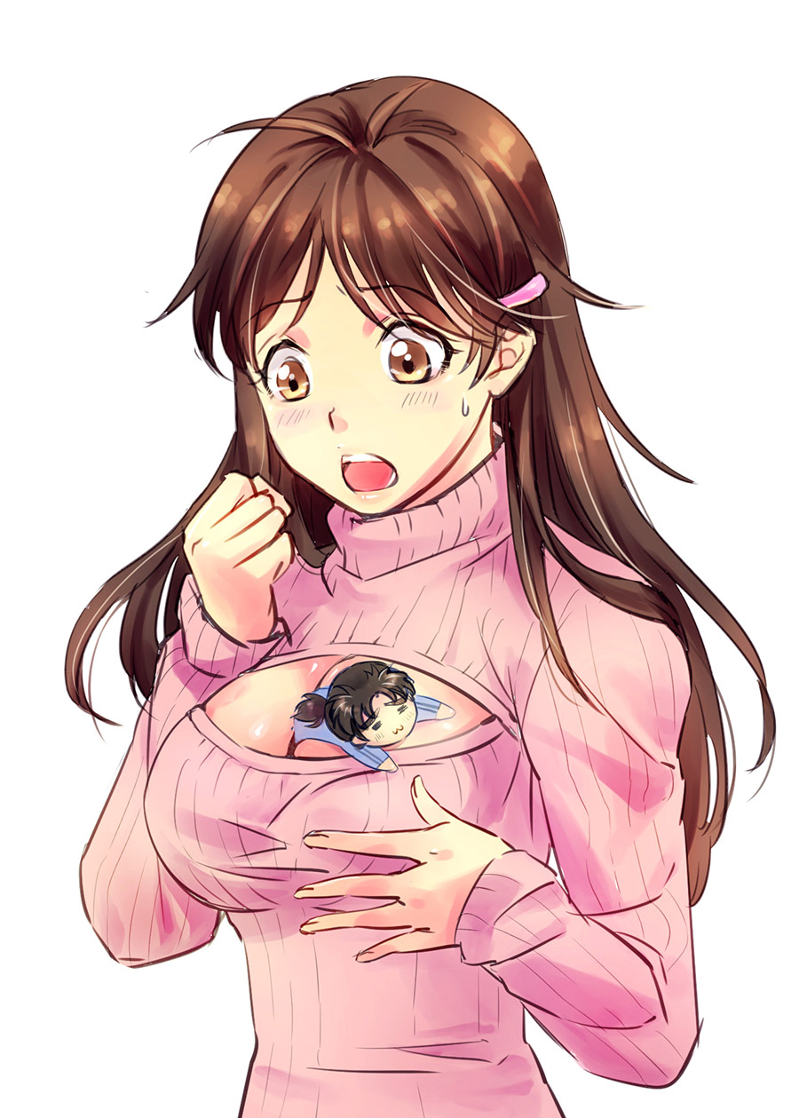 1boy, 1girl, :3, =_=, between_breasts, breasts, brown_eyes, brown_hair, cleavage, cleavage_cutout, clothing_cutout, highres, kellylee, kindaichi_hajime, kindaichi_shounen_no_jikenbo, large_breasts, long_hair, mini_person, miniboy, nanase_miyuki, open-chest_sweater, open_mouth, person_between_breasts, ribbed_sweater, sweatdrop, sweater, upper_body, white_background