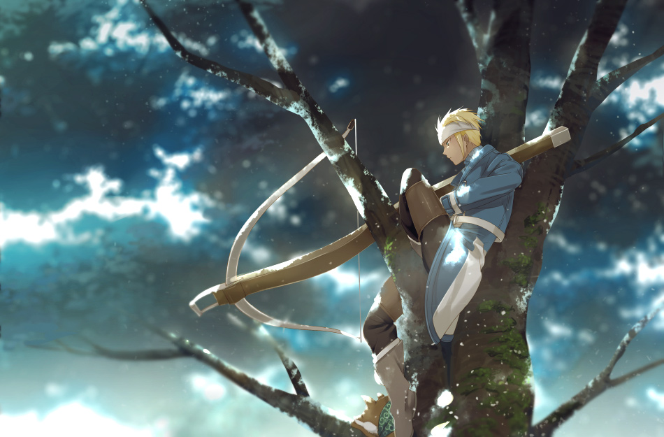 1boy, blurry, boots, bow_(weapon), bowgun, crossbow, depth_of_field, ekoo