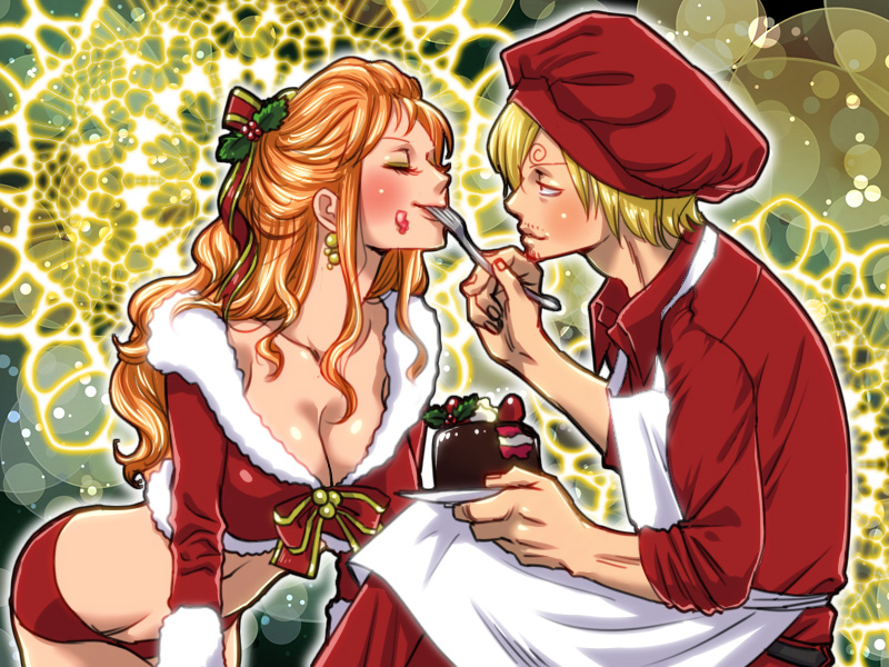 1boy, 1girl, apron, blonde_hair, blush, breasts, christmas, cleavage