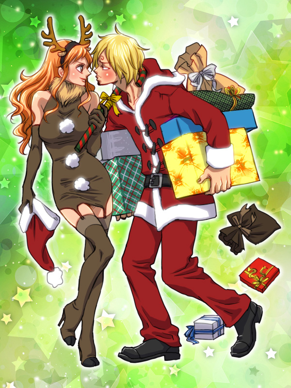 1boy, 1girl, bare_shoulders, blonde_hair, brown_eyes, brown_thighhighs, christmas, elbow_gloves