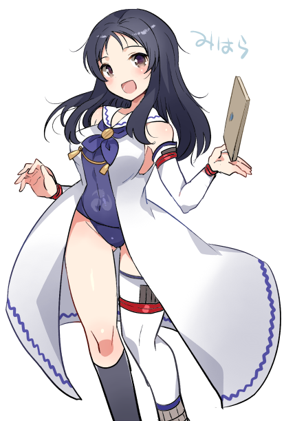 1girl, :d, asymmetrical_legwear, bare_shoulders, black_hair, black_socks, blue_one-piece_swimsuit, blush, brown_eyes, character_name, covered_navel, detached_sleeves, dress, female_focus, grey_eyes, head_tilt, holding, ichihaya, kneehighs, long_hair, looking_at_viewer, mihara_(oshiro_collection), mihara_(oshiro_project), mitsudomoe_(shape), neckerchief, one-piece_swimsuit, open_clothes, open_dress, open_mouth, oshiro_project:re, school_swimsuit, sidelocks, simple_background, single_kneehigh, single_sock, single_thighhigh, smile, socks, solo, standing, swimsuit, swimsuit_under_clothes, thighhighs, tomoe_(symbol), uneven_legwear, white_background, white_dress, white_socks