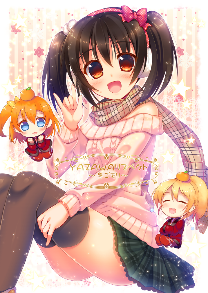 10s, 3girls, :d, aran_sweater, ayase_eli, bad_id, bad_pixiv_id, bare_shoulders, black_hair, black_legwear, blonde_hair, blue_eyes, bow, cable_knit, chibi, green_skirt, hair_bow, hairband, kosaka_honoka, looking_at_viewer, love_live!, love_live!_school_idol_project, mocchii, multiple_girls, off-shoulder, off-shoulder_sweater, off_shoulder, open_mouth, orange_hair, plaid_clothes, plaid_skirt, ponytail, red_eyes, scarf, side_ponytail, skirt, smile, sweater, thighhighs, twintails, yazawa_nico