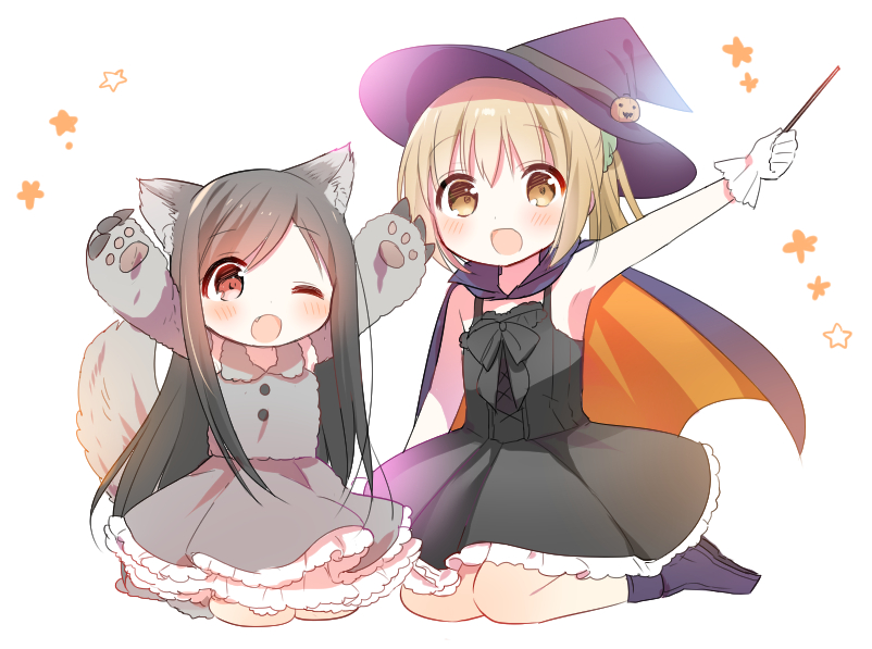 2girls, :d, ;d, ami_(orenchi_no_maidosan), animal_ears, animal_hands, arms_up, black_dress