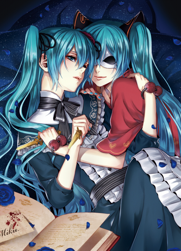 2girls, aqua_eyes, aqua_hair, bad_end_night_(vocaloid), blue_rose, book, bracelet, character_name
