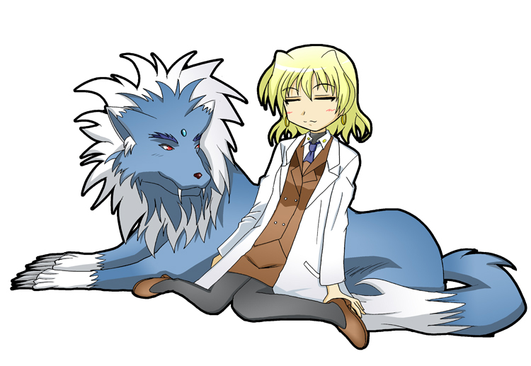 00s, 1girl, black_pantyhose, blonde_hair, brown_shoes, bubusan, claws, closed_eyes, facial_mark, fangs, female_focus, forehead_mark, lab_coat, long_sleeves, lyrical_nanoha, mahou_shoujo_lyrical_nanoha, mahou_shoujo_lyrical_nanoha_strikers, pantyhose, red_eyes, shamal, shoes, sitting, skirt, solo, white_background, wolf, zafira