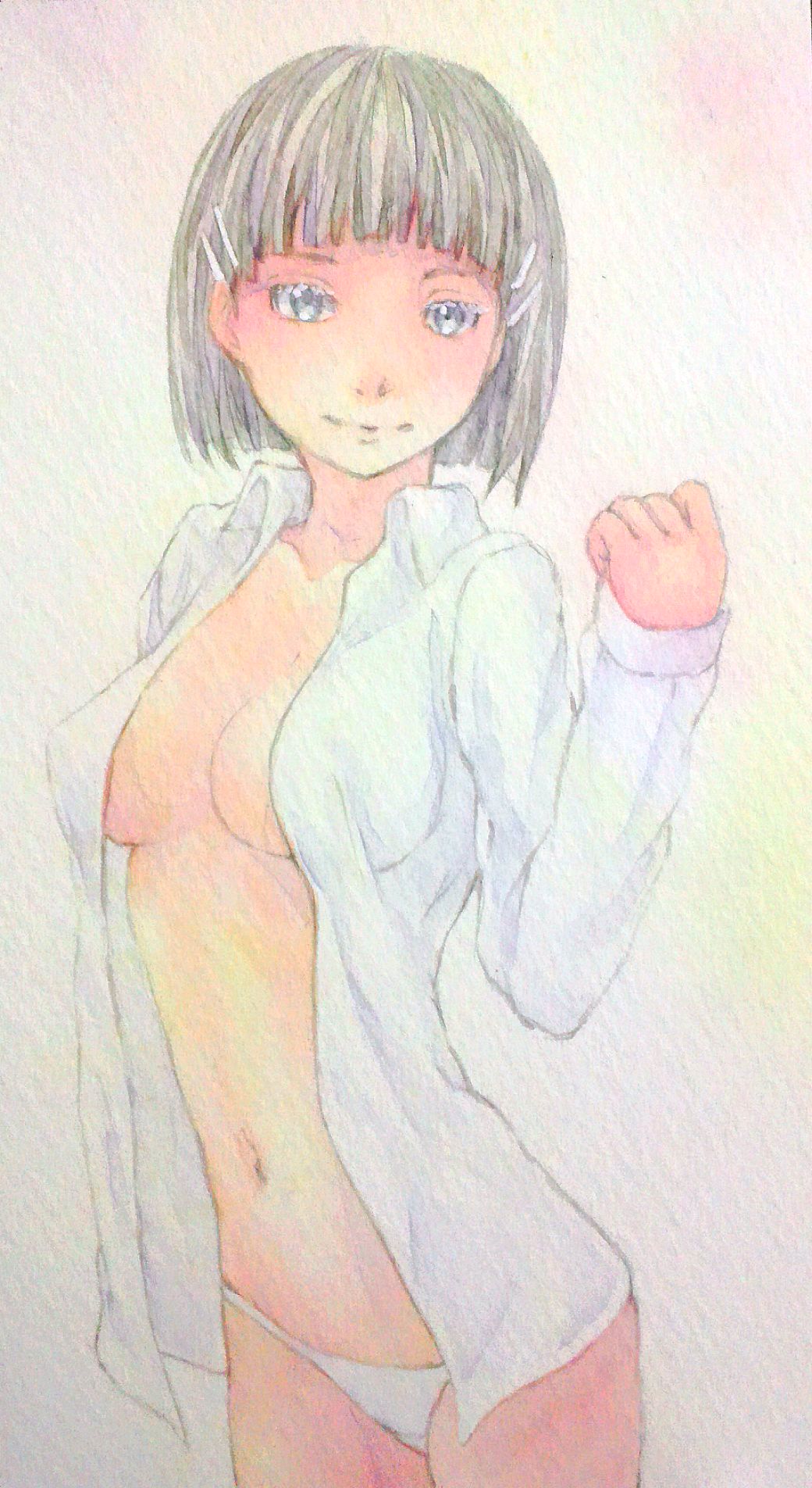 10s, 1girl, black_hair, blue_eyes, breasts, clenched_hand, collarbone, collared_shirt