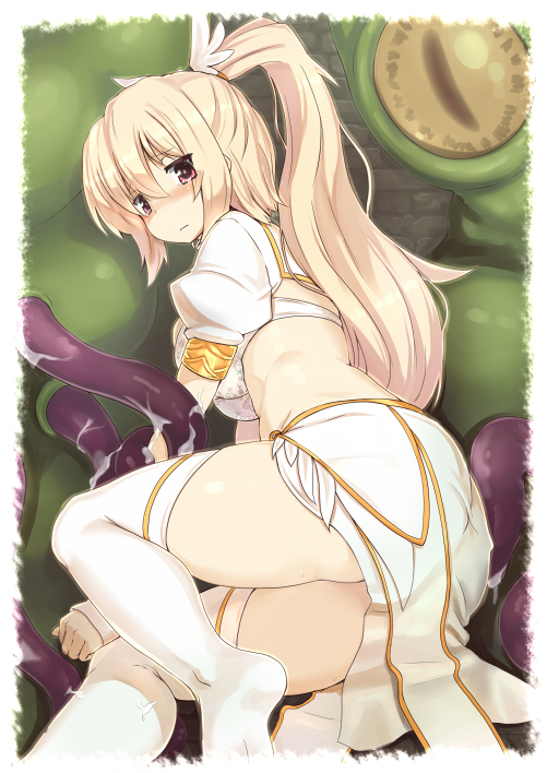 1girl, blonde_hair, blush, breasts, female_focus, itou_ryuusei, large_breasts, long_hair, looking_at_viewer, lying, midriff, nanaly_(sennen_sensou_aigis), no_shoes, on_side, ponytail, red_eyes, roper, sennen_sensou_aigis, skirt, solo, tentacles, thighhighs, very_long_hair, white_thighhighs