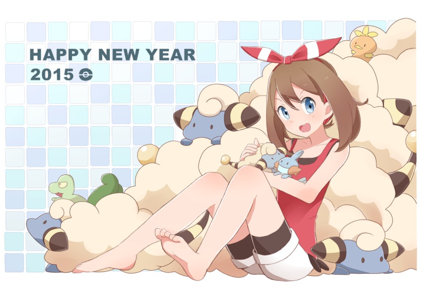 10s, 1girl, 2015, bad_id, bad_pixiv_id, bare_shoulders, barefoot, bike_shorts, blue_eyes, brown_hair, chinese_zodiac, feet, gen_2_pokemon, gen_3_pokemon, mareep, may_(pokemon), may_(pokemon_oras), mudkip, new_year, nintendo, pokemon, pokemon_(creature), pokemon_omega_ruby_and_alpha_sapphire, riz_(ravel_dc), starter_pokemon_trio, torchic, treecko, year_of_the_goat