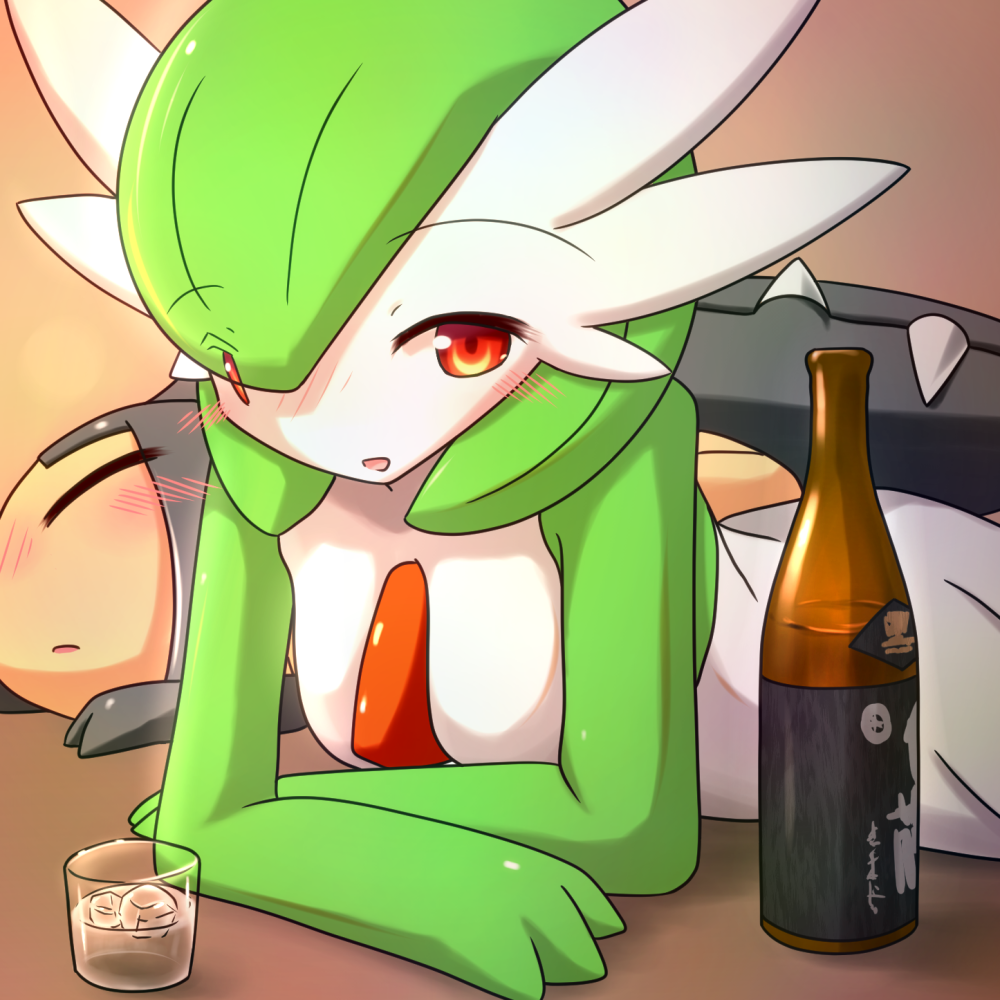 alcohol, blush, bottle, cup, drink, drinking_glass, drunk, female_focus, gardevoir, gen_3_pokemon, glass, green_hair, ice, ice_cube, kaceuth, looking_at_viewer, mawile, nintendo, no_humans, open_mouth, pokemon, pokemon_(creature), red_eyes, short_hair, shot_glass, sleeping