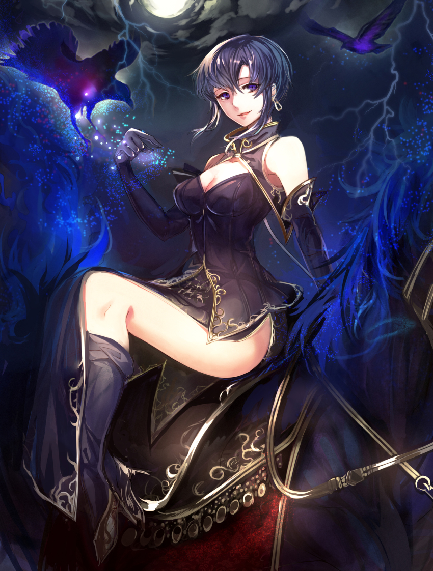 1girl, bird, breasts, cleavage, crow, dress, earrings, elbow_gloves