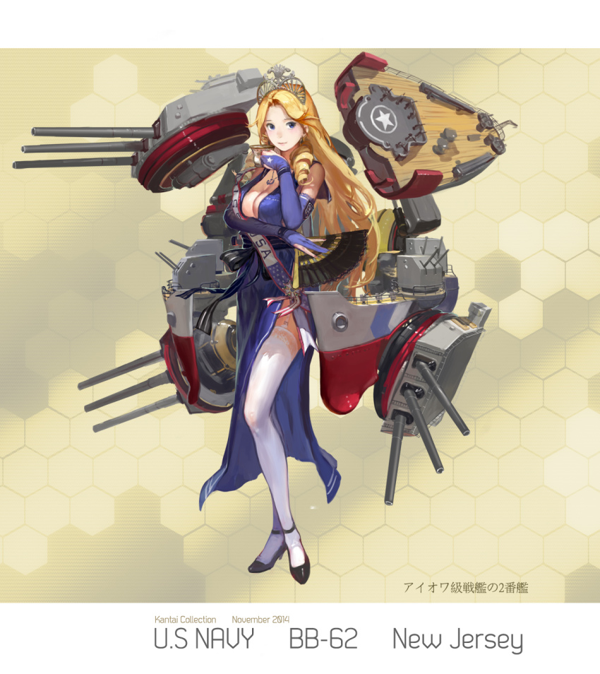 10s, 1girl, blonde_hair, blue_eyes, blush, breasts, bridal_gauntlets, cleavage