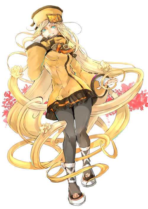 1girl, absurdly_long_hair, blonde_hair, blue_eyes, flower, gloves, guilty_gear, guilty_gear_xrd