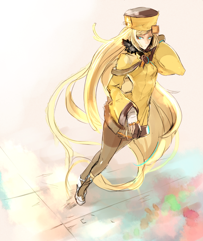 1girl, absurdly_long_hair, blonde_hair, blue_eyes, gloves, guilty_gear, guilty_gear_xrd, hat