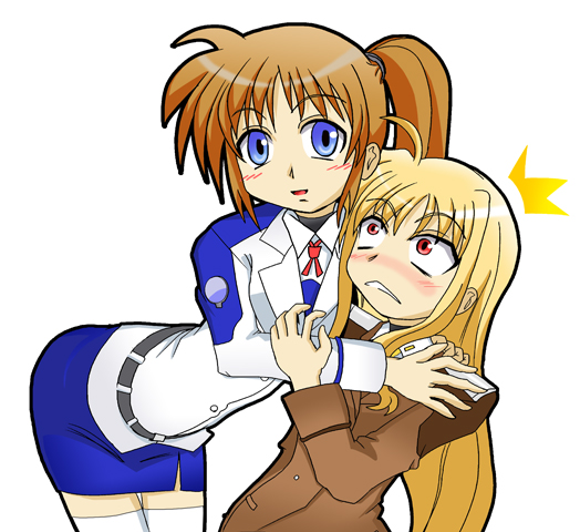00s, 2girls, blonde_hair, bubusan, constricted_pupils, fate_testarossa, lyrical_nanoha, mahou_shoujo_lyrical_nanoha
