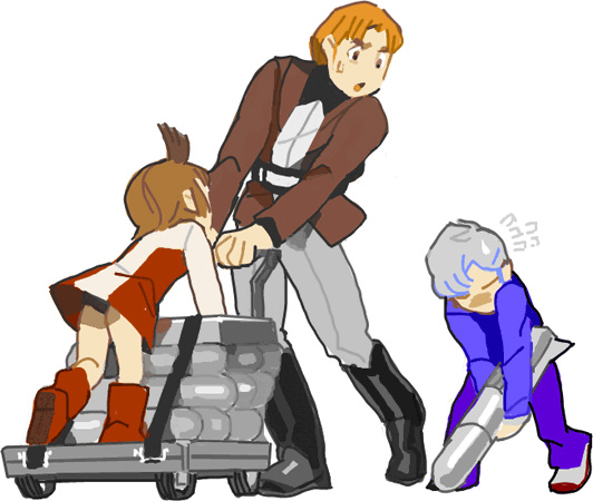 1girl, 2boys, ashura_novak, boots, child, densetsu_kyojin_ideon, fard_malaka, military