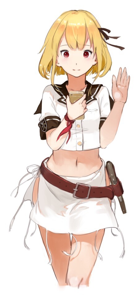 10s, 1girl, belt, blonde_hair, cellphone, crop_top, crop_top_overhang, enterprise_(pacific), female_focus, gun, handgun, holding, holster, iphone, jeanex, kantai_collection, looking_at_viewer, midriff, navel, original, pacific_(kancolle), phone, pistol, red_eyes, short_hair, simple_background, smartphone, smile, solo, thigh_gap, united_states, uss_enterprise_(cv-6), weapon, white_background