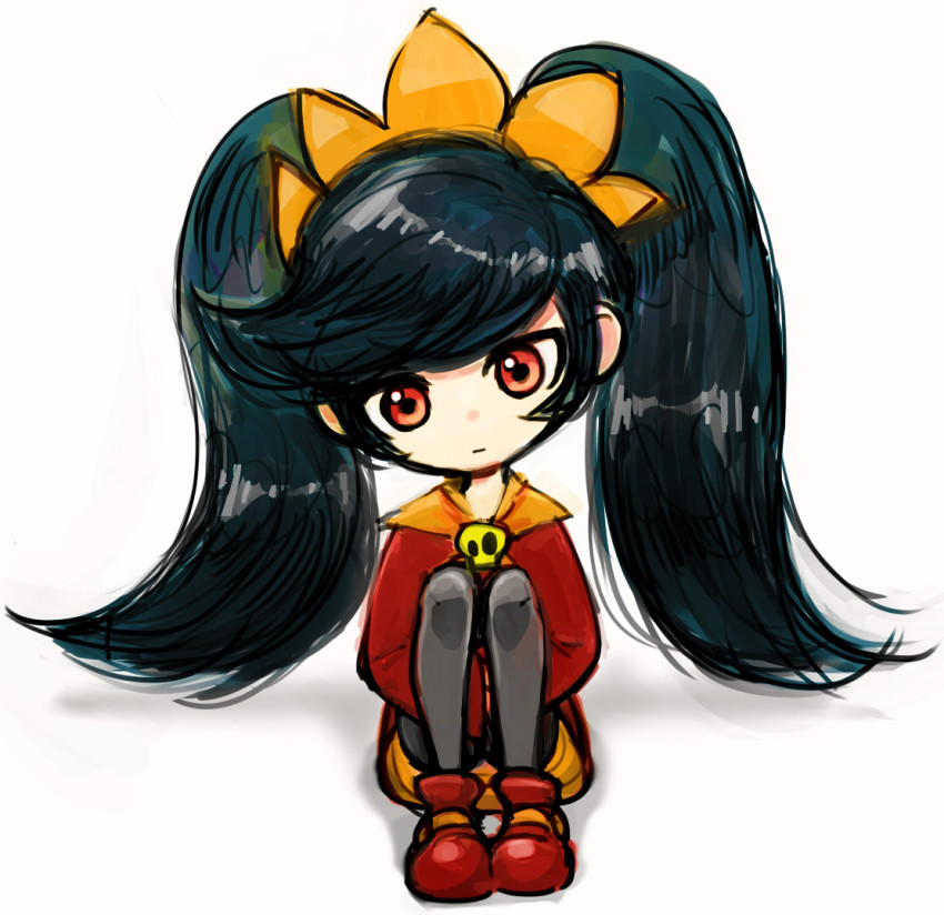 1girl, ashley_(warioware), black_hair, black_pantyhose, child, dress, expressionless, female_focus, full_body, head_tilt, hodoyoi, knees_to_chest, legs_together, long_hair, neckerchief, nintendo, orange_neckerchief, own_hands_together, pantyhose, red_eyes, red_shoes, shoes, simple_background, sitting, solo, twintails, very_long_hair, warioware, white_background