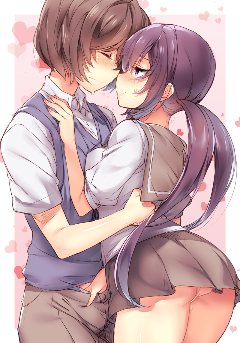 1boy, 1girl, anesaki_nozomi, ass, blush, breasts, brown_hair, closed_eyes, hair_over_one_eye, hand_in_pants, heart, hetero, kuraguchi_ayumu, long_hair, low_twintails, naso4, naughty_face, panties, pantyshot, pink_panties, purple_eyes, purple_hair, school_uniform, serafuku, smile, standing, sweat, twintails, underwear, watashi_no_real_wa_juujitsu_shisugiteiru
