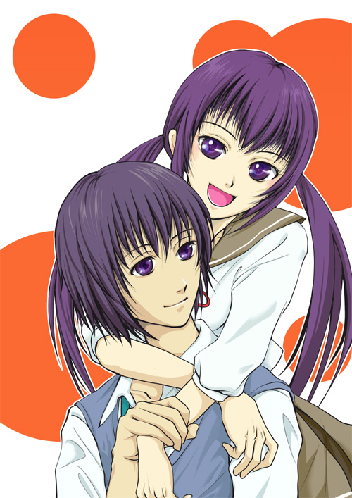 1boy, 1girl, anesaki_nozomi, arms_around_neck, black_hair, couple, hetero, holding_another's_wrist