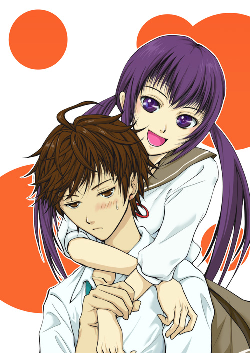 1boy, 1girl, ahoge, anesaki_nozomi, anesaki_shun, arms_around_neck, blush, brother_and_sister