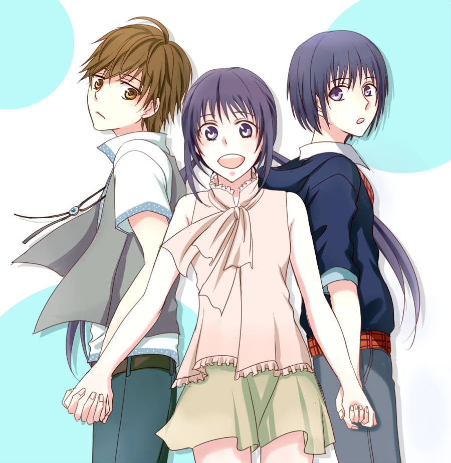 1girl, 2boys, anesaki_nozomi, anesaki_shun, back-to-back, brown_eyes, brown_hair, casual