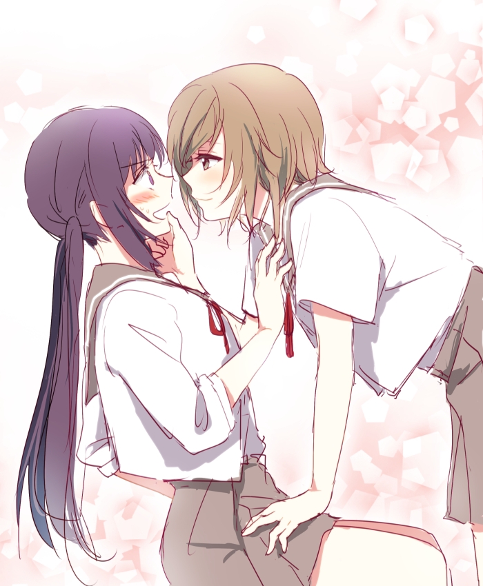 2girls, anesaki_nozomi, blush, brown_hair, eye_contact, grabbing_another's_chin, hand_on_another's_chin, hand_on_another's_thigh, hand_on_thigh, haru_no_pan_matsuri, imminent_kiss, leaning_forward, long_hair, looking_at_another, low_twintails, multiple_girls, orikasa_miho, purple_eyes, purple_hair, school_uniform, serafuku, short_hair, smile, twintails, watashi_no_real_ha_jujitsu_shisugiteiru, watashi_no_real_wa_juujitsu_shisugiteiru, yuri