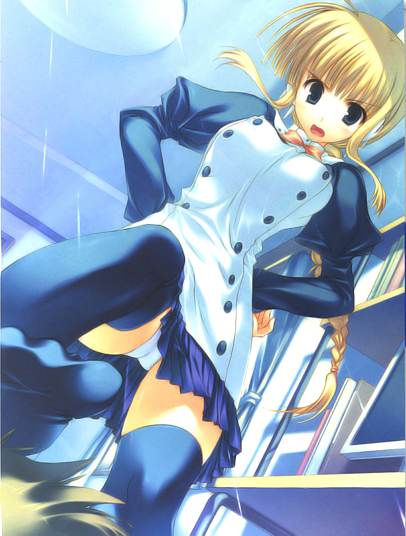 00s, angry, blonde_hair, blue_eyes, blush, braid, braided_ponytail, long_hair