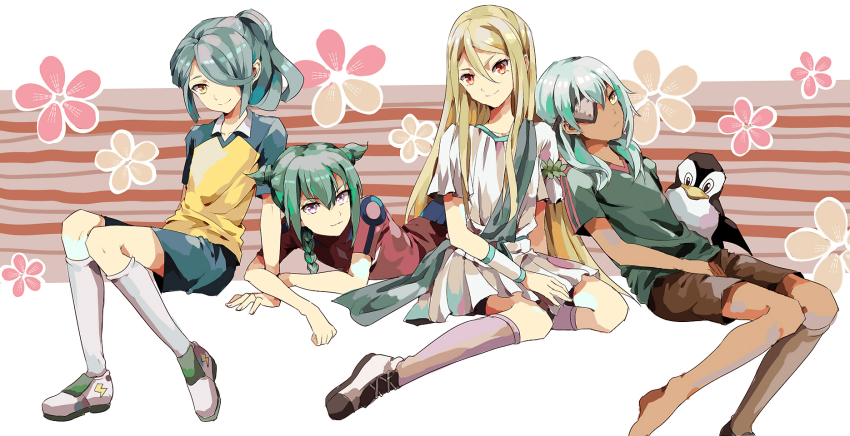 4boys, afuro_terumi, aqua_hair, bad_id, bad_pixiv_id, bird, blonde_hair, blue_hair, braid, brown_eyes, eyepatch, green_hair, hair_over_one_eye, highres, inazuma_eleven, inazuma_eleven_(series), junekun, kazemaru_ichirouta, lightning_bolt_symbol, long_hair, looking_at_viewer, lying, male_focus, mistorene_callus, multiple_boys, ogre_(inazuma_eleven), on_stomach, penguin, ponytail, purple_eyes, raimon, raimon_soccer_uniform, sakuma_jirou, shoes, single_shoe, sitting, smile, soccer_uniform, sportswear, teikoku_soccer_uniform, very_long_hair, yellow_eyes, zeus_(inazuma_eleven)