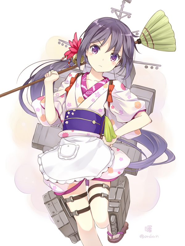 10s, 1girl, akebono_(kancolle), akebono_(new_year)_(kancolle), amagai_tarou, apron, bell, black_hair