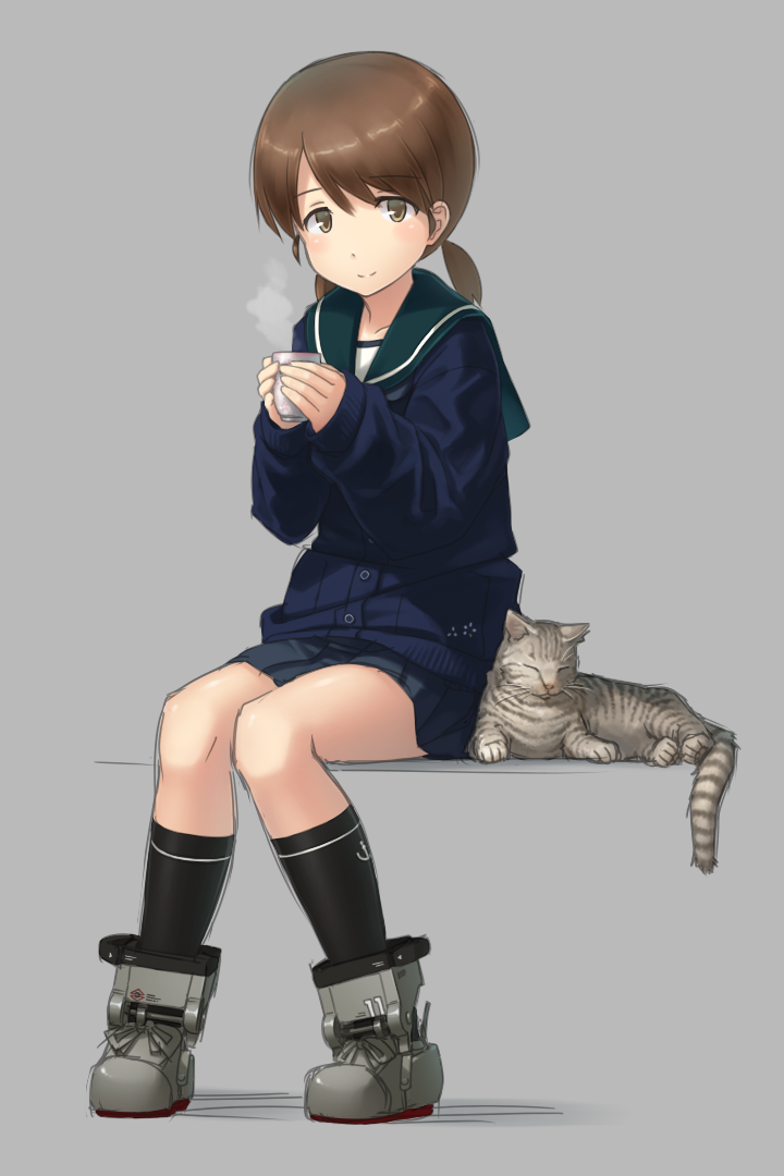 10s, 1girl, black_socks, blue_skirt, blush, brown_eyes, brown_hair, cat