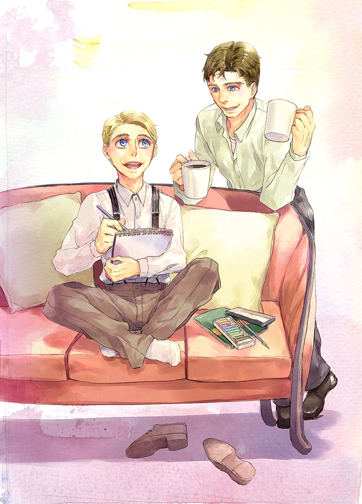 2boys, aged_down, animification, blonde_hair, brown_hair, coffee_mug, couch, cup