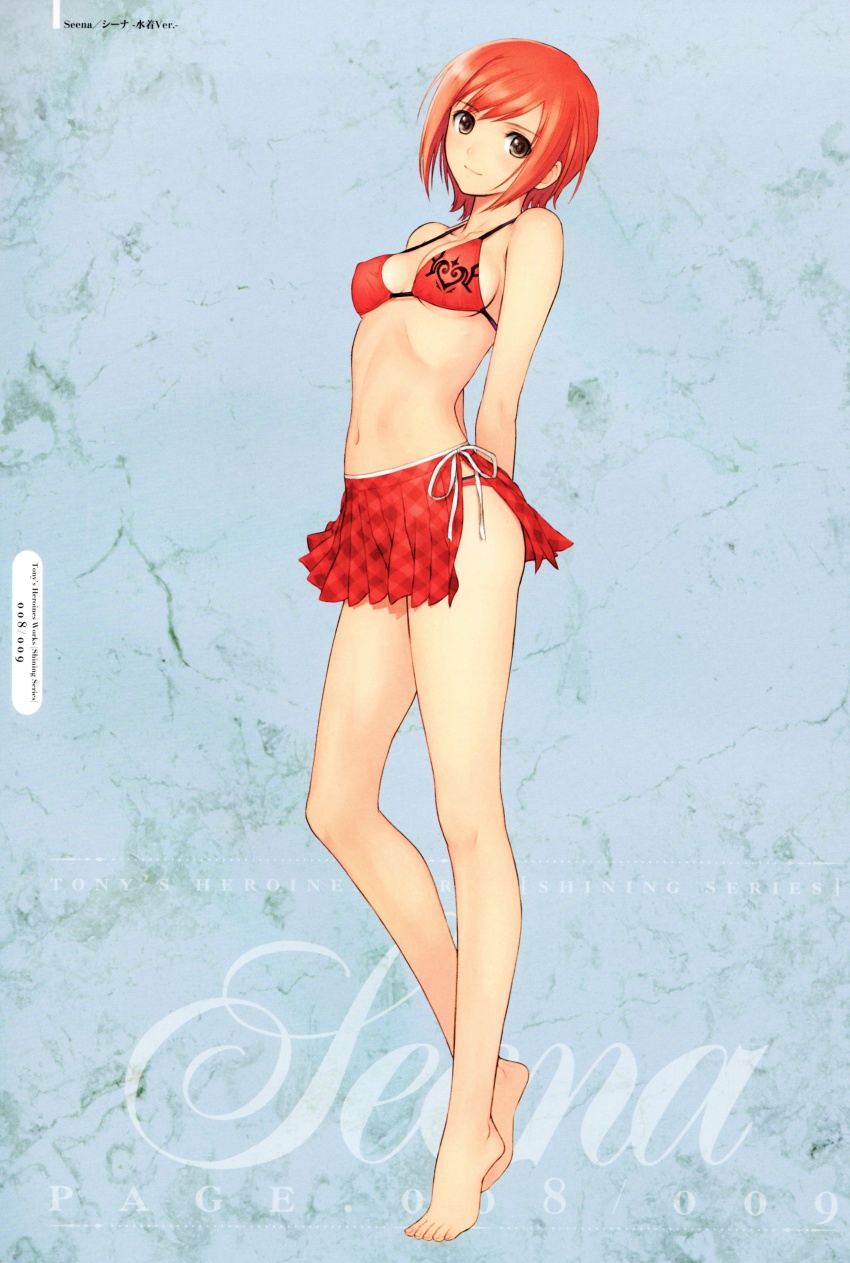 1girl, absurdres, arms_behind_back, barefoot, bikini, bikini_skirt, blue_background, breasts