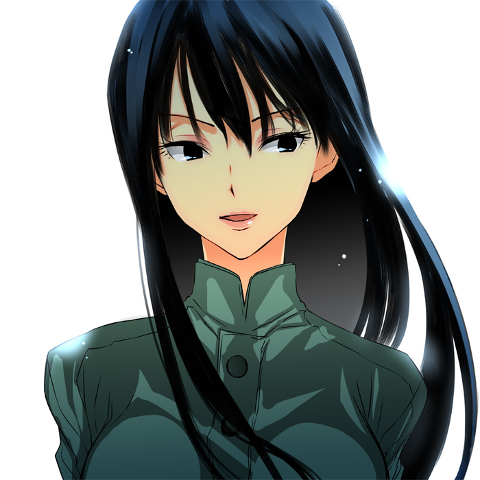 1girl, black_hair, dragon_ball, female_focus, lips, long_hair, mai_(dragon_ball), open_mouth, portrait, simple_background, solo, ume2888, white_background