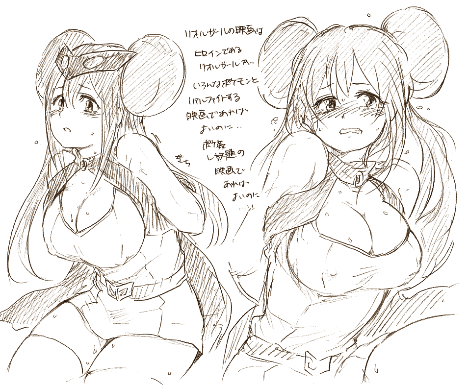 10s, 1girl, alternate_costume, arms_behind_back, bad_id, bad_pixiv_id, breasts, cleavage, covered_erect_nipples, double_bun, dress, female_focus, hair_bun, large_breasts, long_hair, mask, mask_on_head, monochrome, niku_(dance-siva), nintendo, missing_headwear, pokemon, pokemon_black_2_and_white_2, pokestar_studios, pokewood, rosa_(pokemon), short_dress, solo, sweat, the_riolu_girl, thighhighs, translation_request, twintails