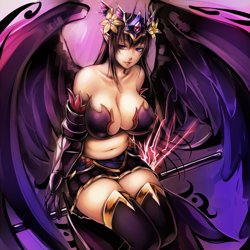 1girl, bare_shoulders, black_hair, breasts, cleavage, elbow_gloves, female_focus, flower, gloves, hair_flower, hair_ornament, highres, large_breasts, long_hair, navel, persephone_(p&amp;d), pointy_ears, purple_eyes, puzzle_&amp;_dragons, skirt, solo, sukumo_(kemutai), thighhighs, tiara, wings