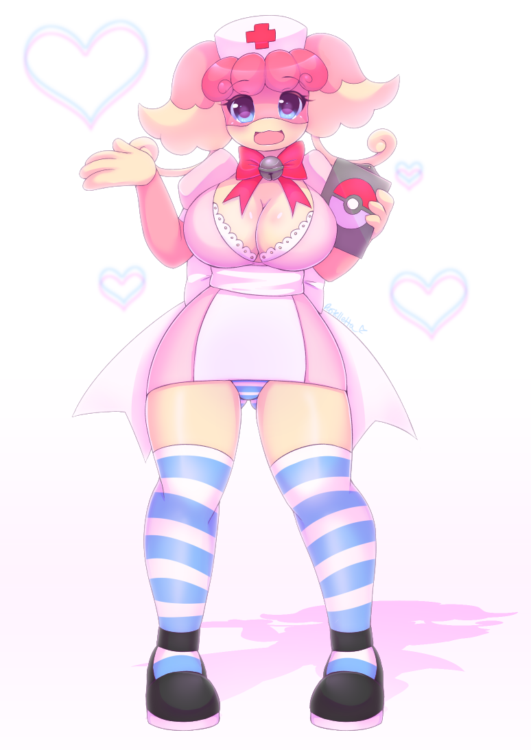 1girl, artist_name, audino, bell, blue_eyes, blush, bow, bowtie