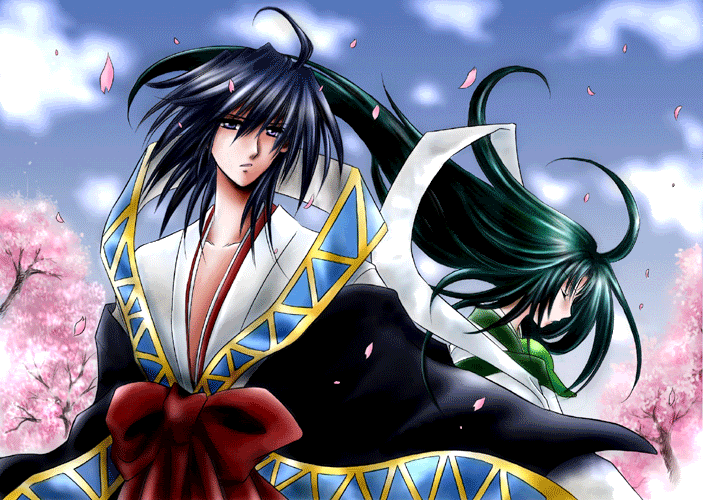 00s, 2boys, black_hair, closed_eyes, haruka_(tactics), japanese_clothes, long_hair, multiple_boys