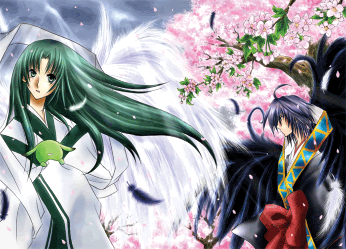 00s, 2boys, black_hair, feathered_wings, haruka_(tactics), japanese_clothes, long_hair, looking_at_viewer