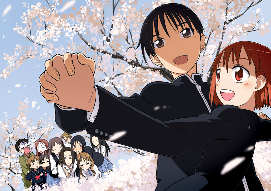 1990s_(style), 4boys, 6+girls, arima_souichirou, asaba_hideaki, black_eyes, black_hair, brown_hair, cherry_blossoms, dancing, gakuran, holding_hands, izawa_maho, kareshi_kanojo_no_jijou, long_hair, miharu_(cgsky), miyazawa_hiroyuki, miyazawa_kano, miyazawa_miyako, miyazawa_tsukino, miyazawa_yukino, multiple_boys, multiple_girls, petals, red_eyes, red_hair, sakura_tsubaki, sawada_aya, school_uniform, sena_rika, serafuku, shibahime_tsubasa, short_hair, tree