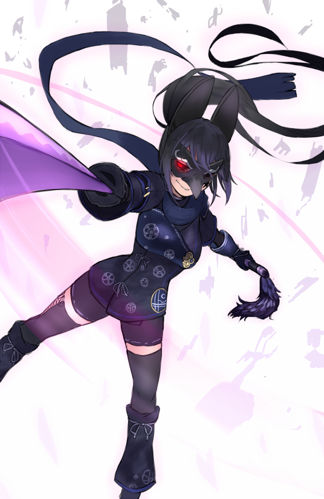 1girl, animal_ears, bike_shorts, black_hair, black_scarf, black_sclera, black_thighhighs, breasts