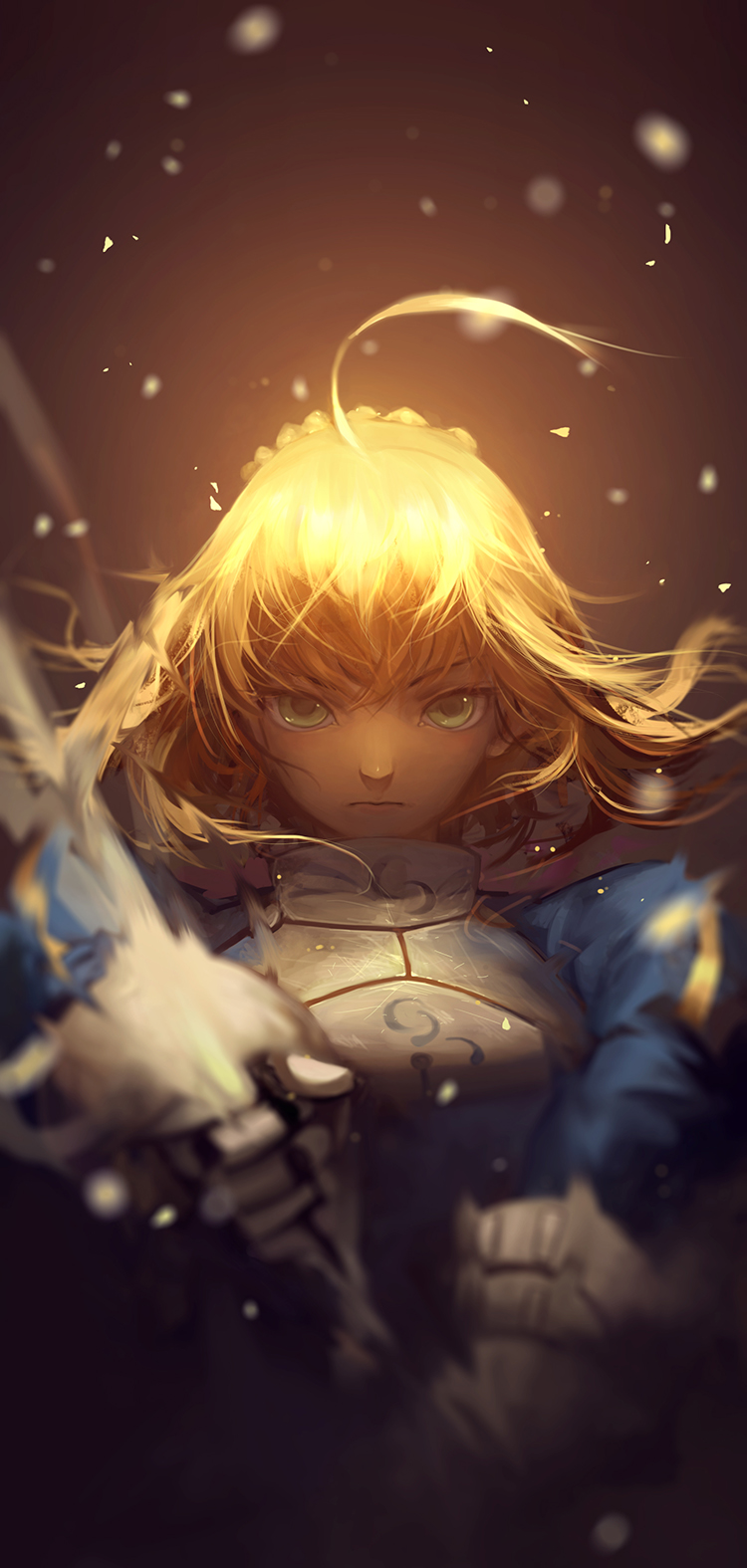 1girl, ahoge, armor, armored_dress, artoria_pendragon_(fate), bad_id, bad_pixiv_id, blonde_hair, dress, fate/stay_night, fate_(series), female_focus, green_eyes, han_yijie, highres, looking_at_viewer, saber_(fate), solo, sword, weapon
