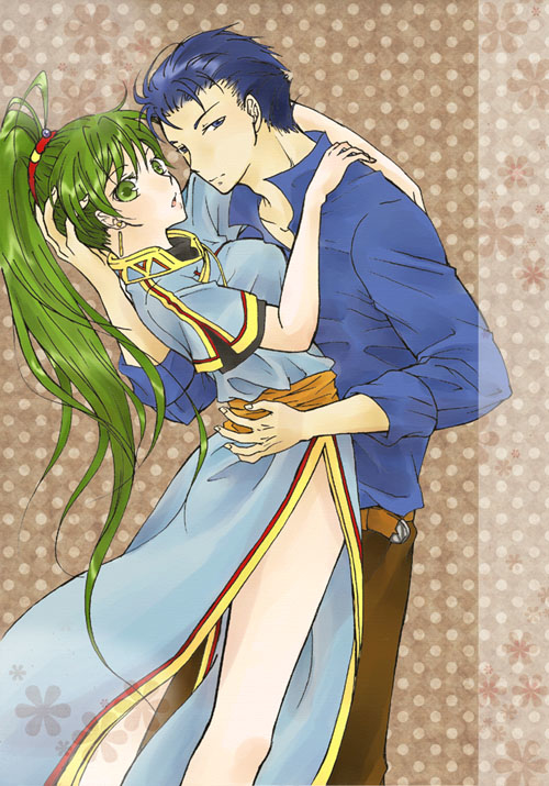 1boy, 1girl, belt, blue_eyes, blue_hair, dress, fire_emblem, fire_emblem:_the_blazing_blade