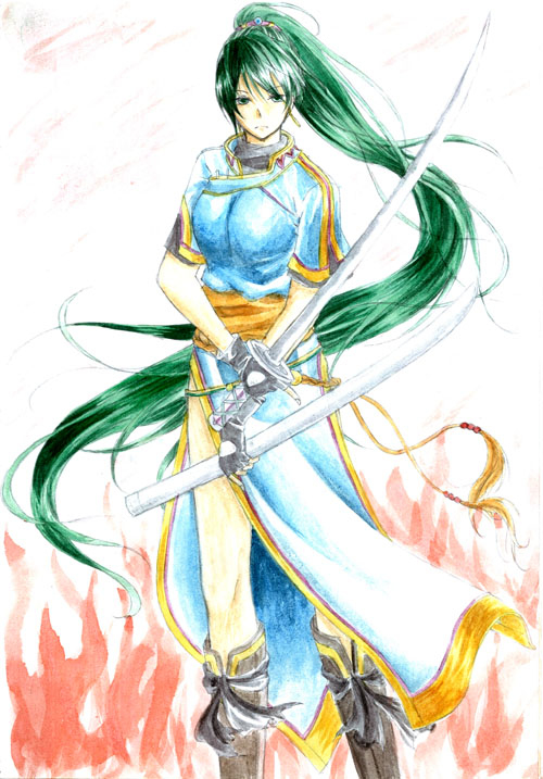 1girl, boots, dress, fingerless_gloves, fire_emblem, fire_emblem:_the_blazing_blade, gloves, green_eyes, green_hair, konno, lyn_(fire_emblem), nintendo, ponytail, scabbard, sheath, sword, weapon