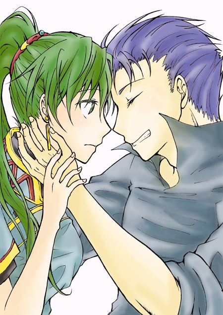 1boy, 1girl, blue_hair, dress, closed_eyes, fire_emblem, fire_emblem:_the_blazing_blade, green_eyes