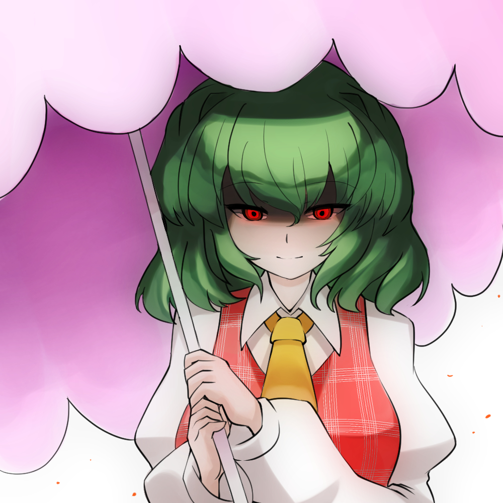 1girl, ascot, b-q, female_focus, flower, glowing, glowing_eyes, green_hair